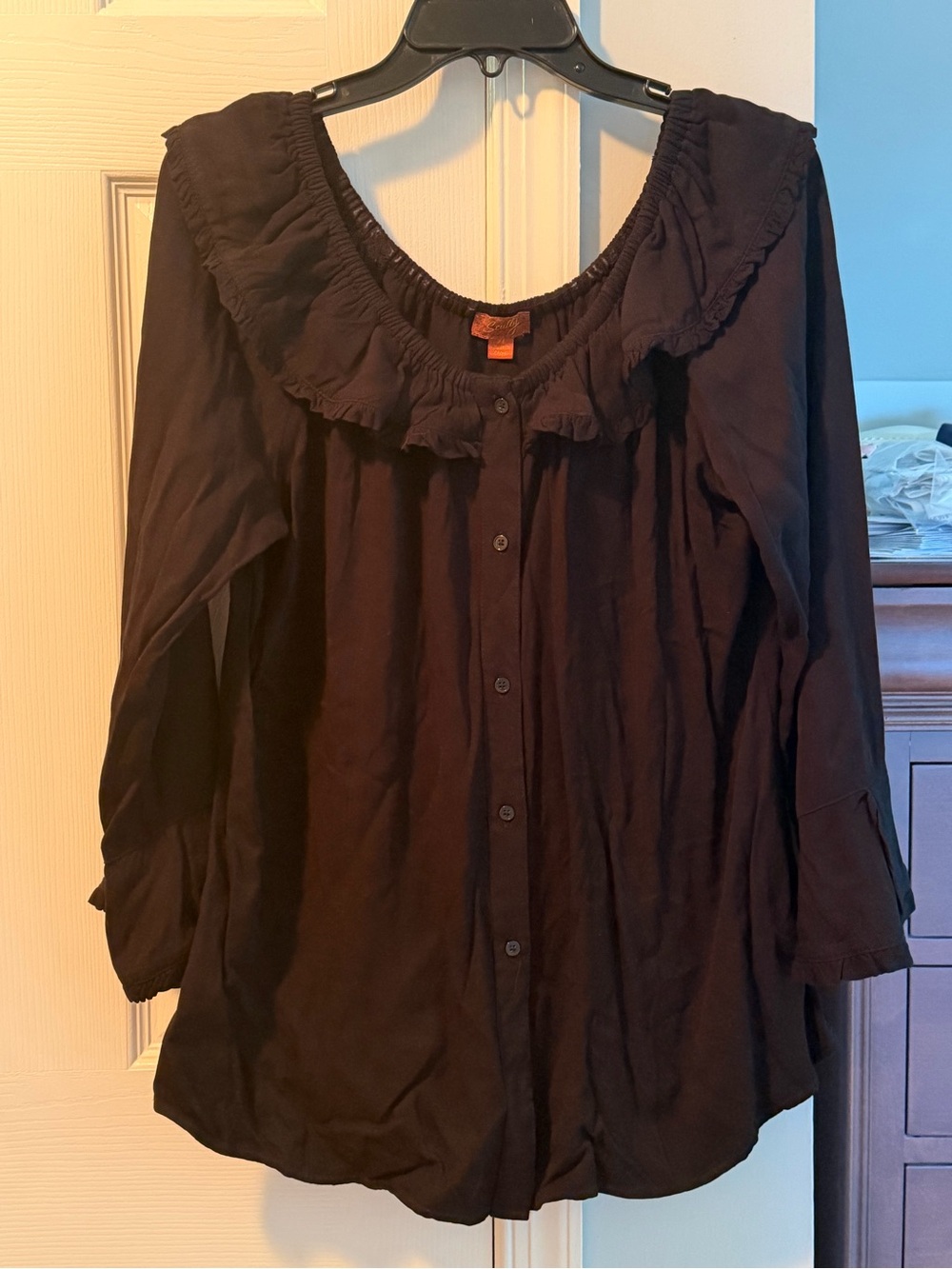 Women’s Black Ruffle-Trim Button Front Top